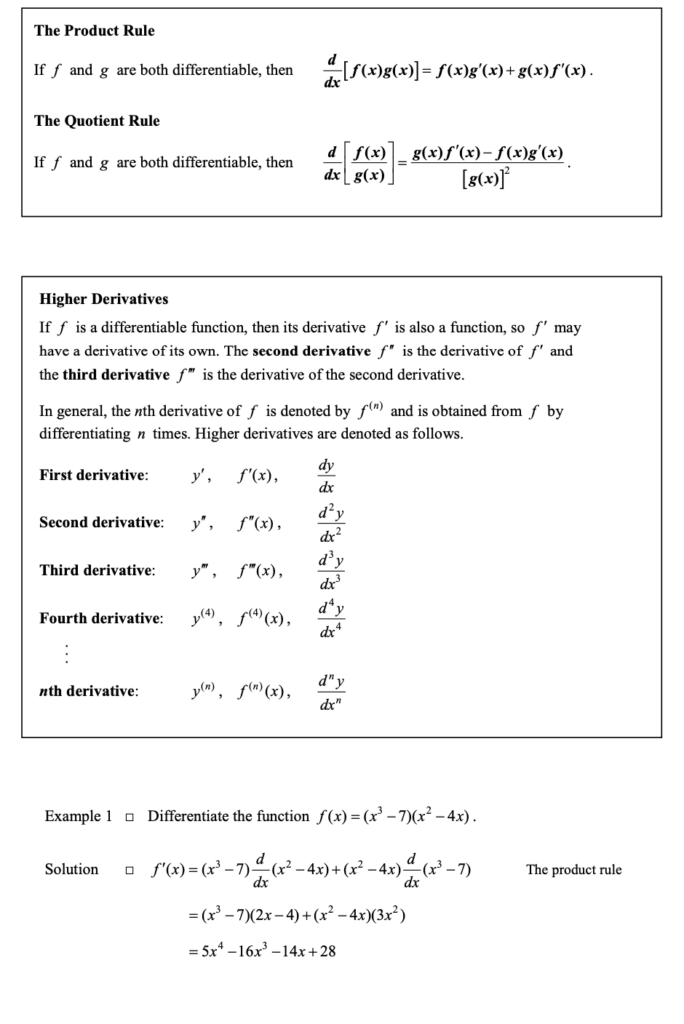 The Product and Quotient Rules, and Higher Derivatives